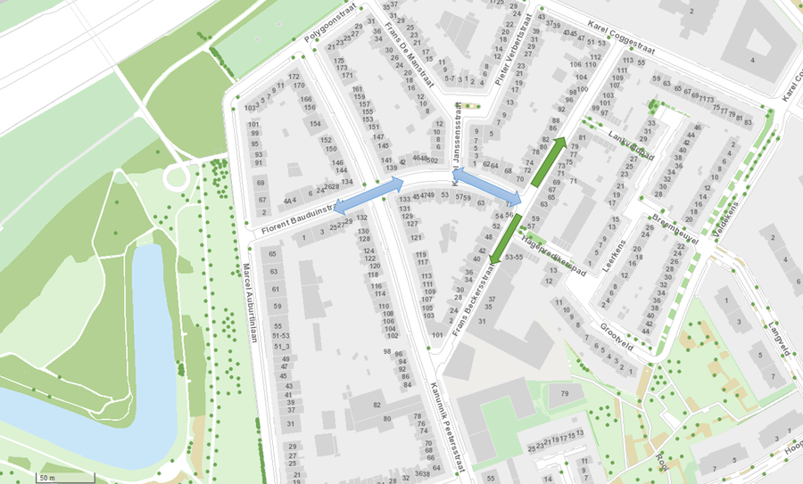 Geplande enkelrichting in de Frans Beckersstraat om het sluipverkeer tegen te gaan. De groene pijlen duiden de toekomstige situatie aan.
